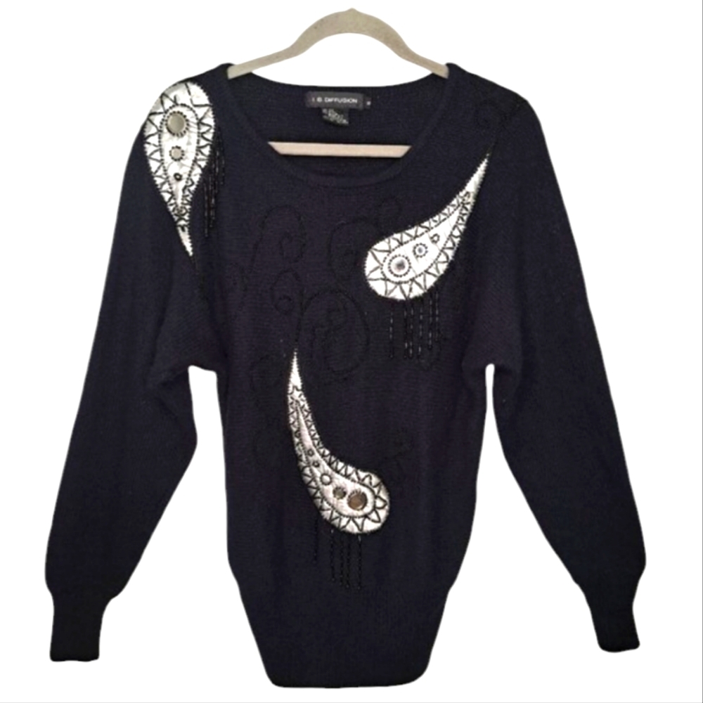 I.B. Diffusion Silk Lambswool Angora Paisley Beaded Sweater Size Small